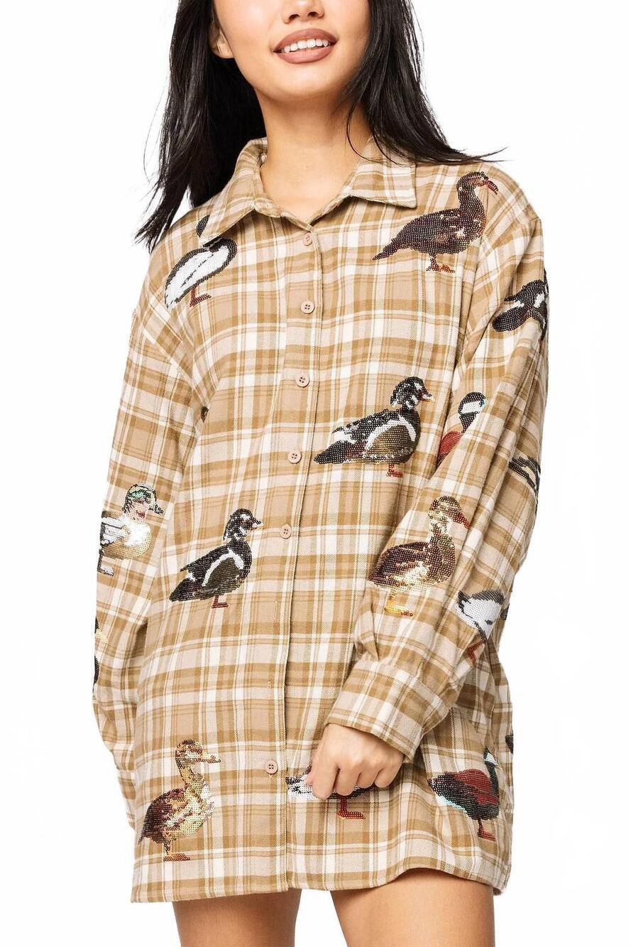 NEW QUEEN OF SPARKLES plaid duck button up dress in brown
